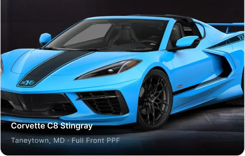 Front bumper PPF — yellow Corvette C8 with clear protective film on the front end.